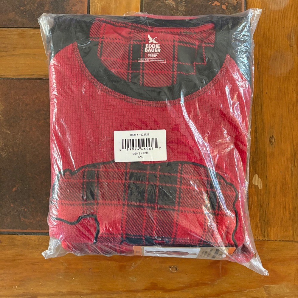 Eddie Bauer Mens VTG 2 Piece Pajama Set Red Black Buffalo Plaid Bear XXL 1922729